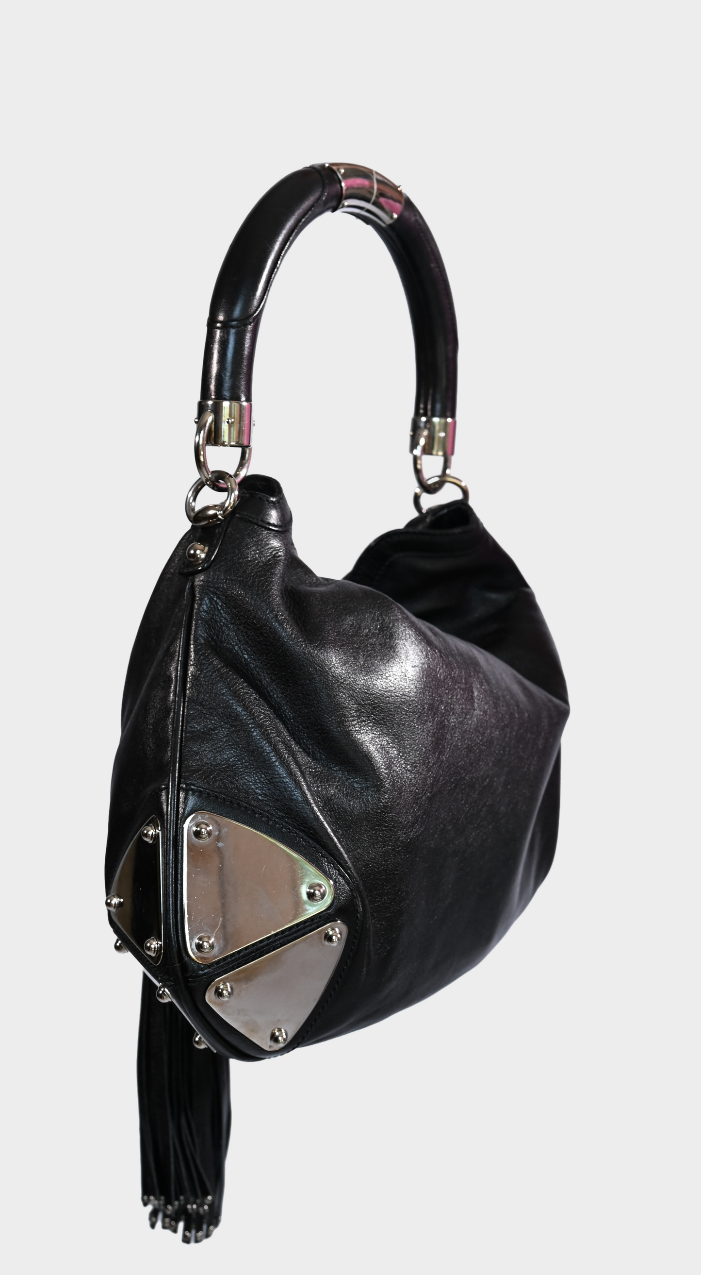 Gucci Indy Babouska Black Leather Bamboo Tassel Hobo Bag