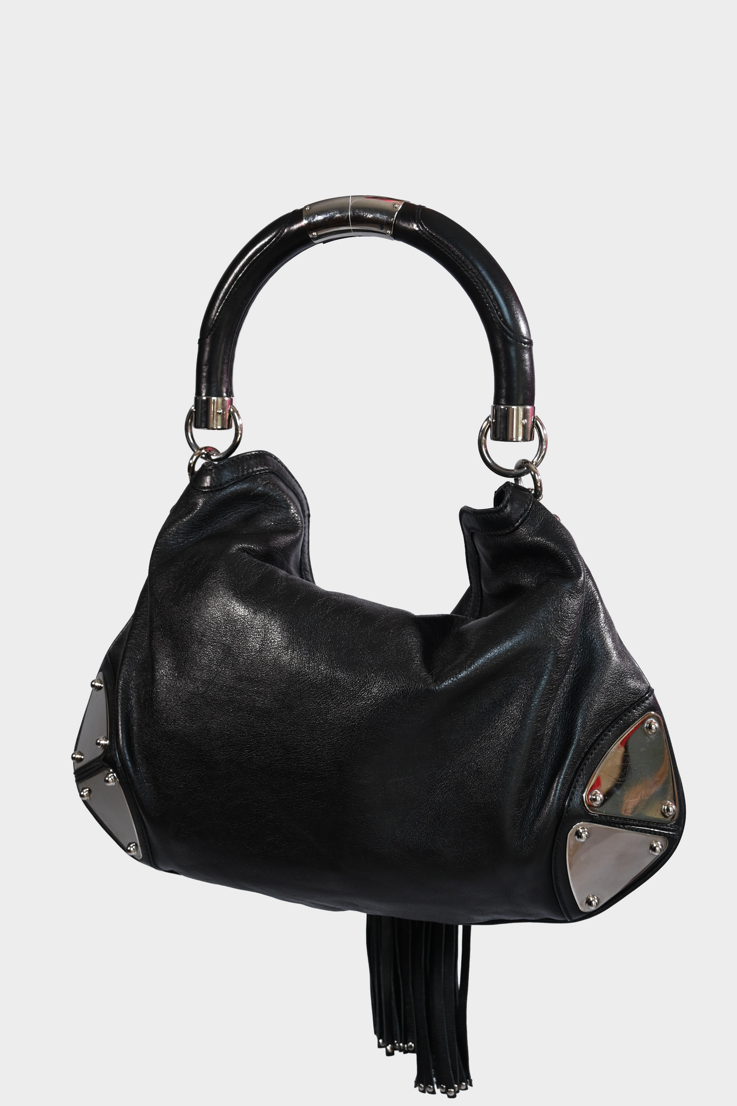 Gucci Indy Babouska Black Leather Bamboo Tassel Hobo Bag