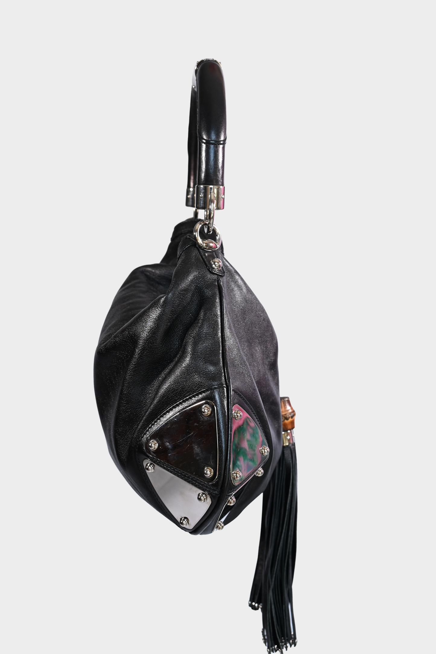 Gucci Indy Babouska Black Leather Bamboo Tassel Hobo Bag