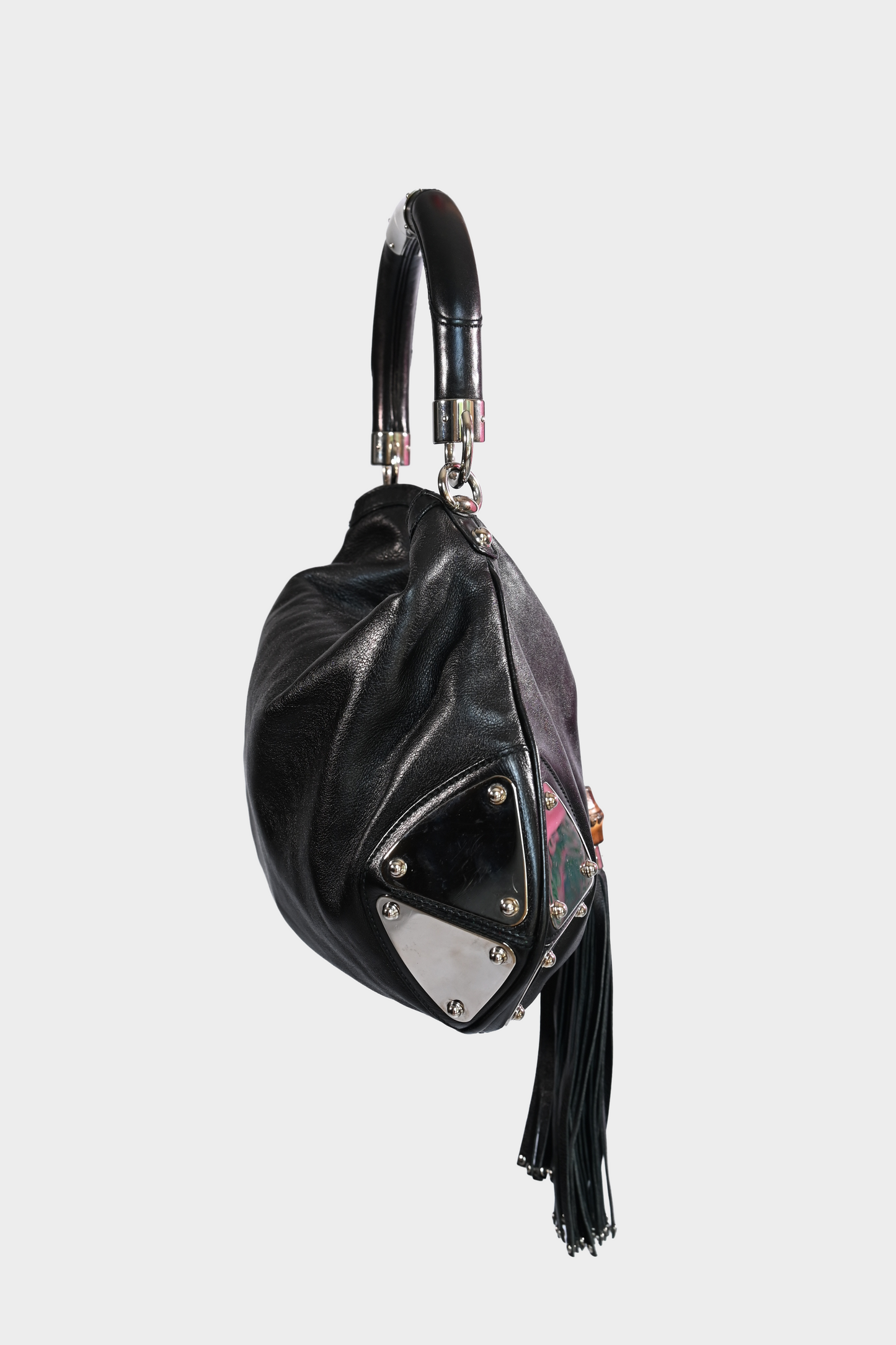 Gucci Indy Babouska Black Leather Bamboo Tassel Hobo Bag