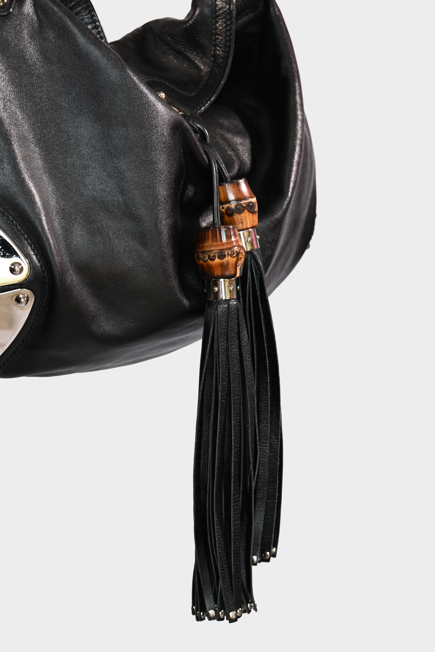 Gucci Indy Babouska Black Leather Bamboo Tassel Hobo Bag
