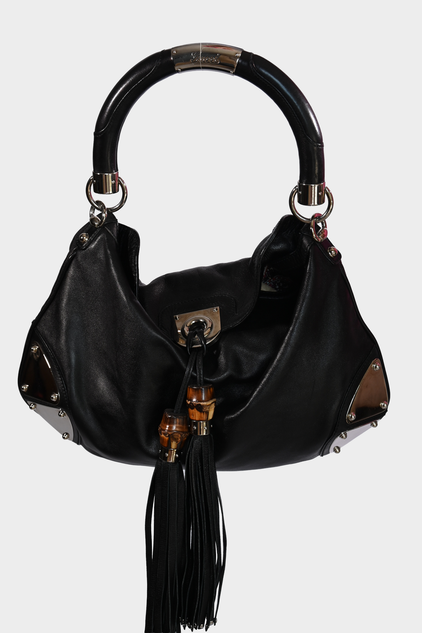 Gucci Indy Babouska Black Leather Bamboo Tassel Hobo Bag