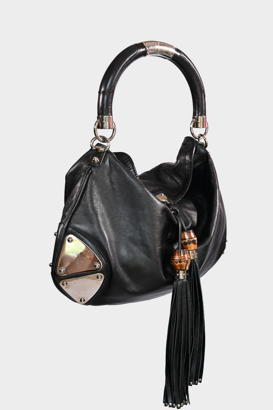 Gucci Indy Babouska Black Leather Bamboo Tassel Hobo Bag