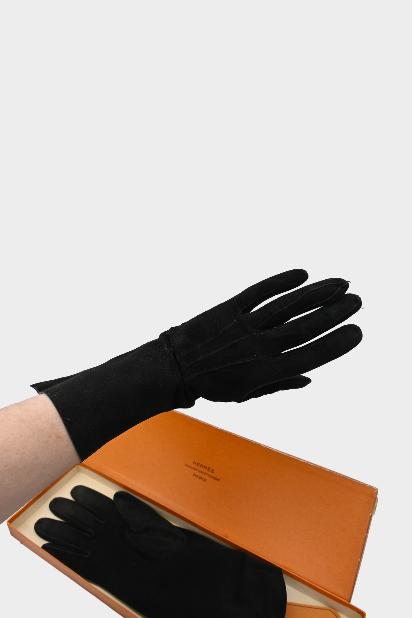 Hermes Black Suede Long Gloves 6.75