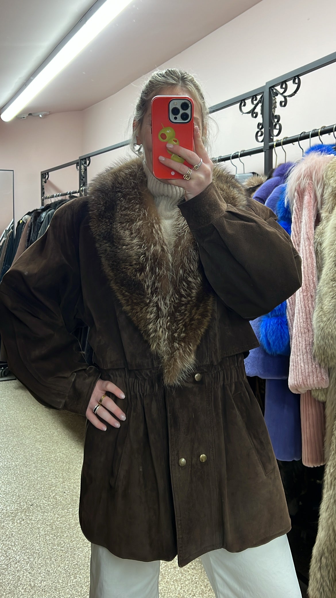 Vintage Leather Jacket with Raccoon Fur Collar