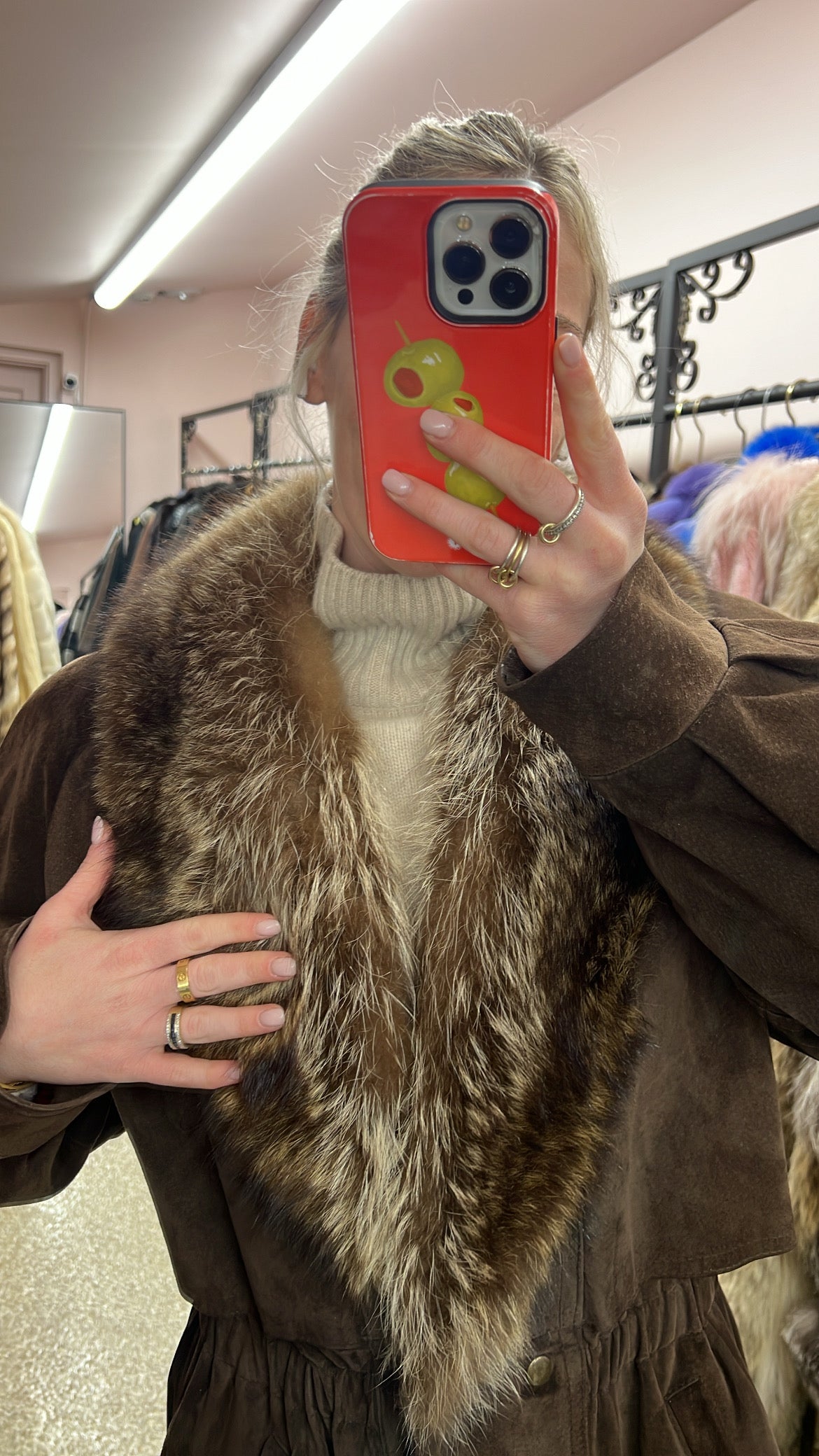 Vintage Leather Jacket with Raccoon Fur Collar