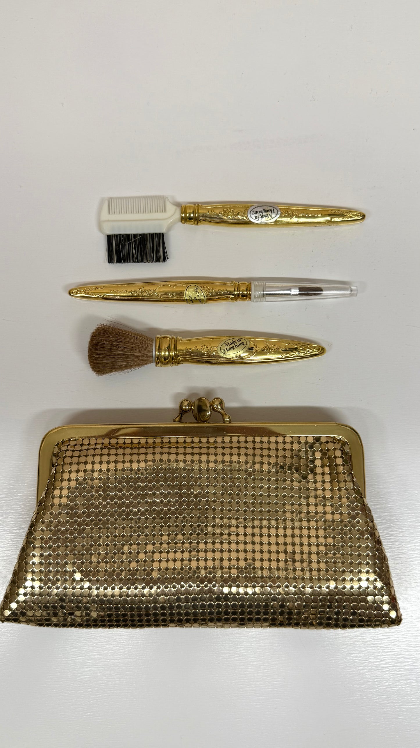 Vintage Whiting & Davis Gold Mesh Cosmetic Pouch Bag, 3 PC Vanity Set