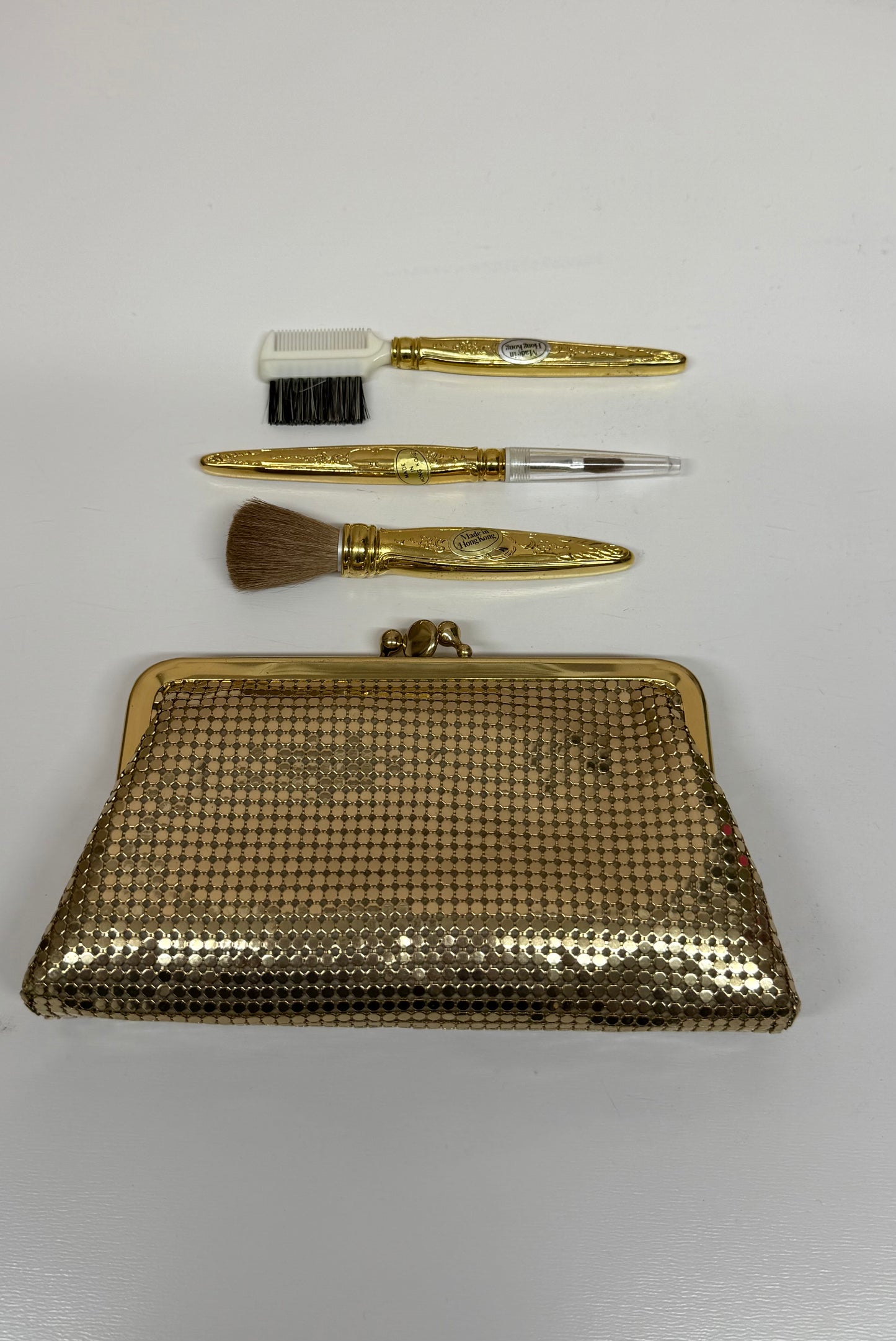 Vintage Whiting & Davis Gold Mesh Cosmetic Pouch Bag, 3 PC Vanity Set