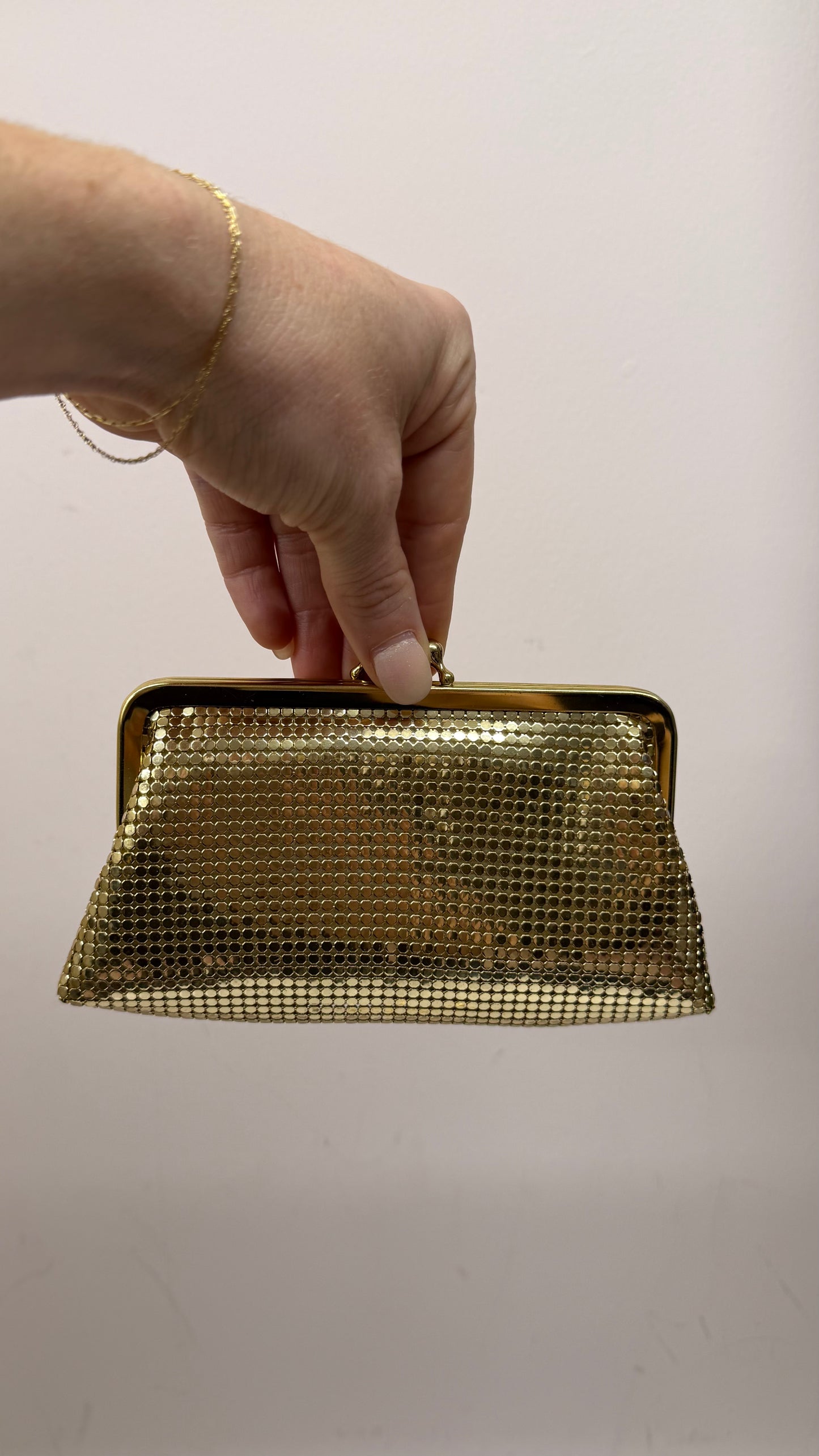 Vintage Whiting & Davis Gold Mesh Cosmetic Pouch Bag, 3 PC Vanity Set