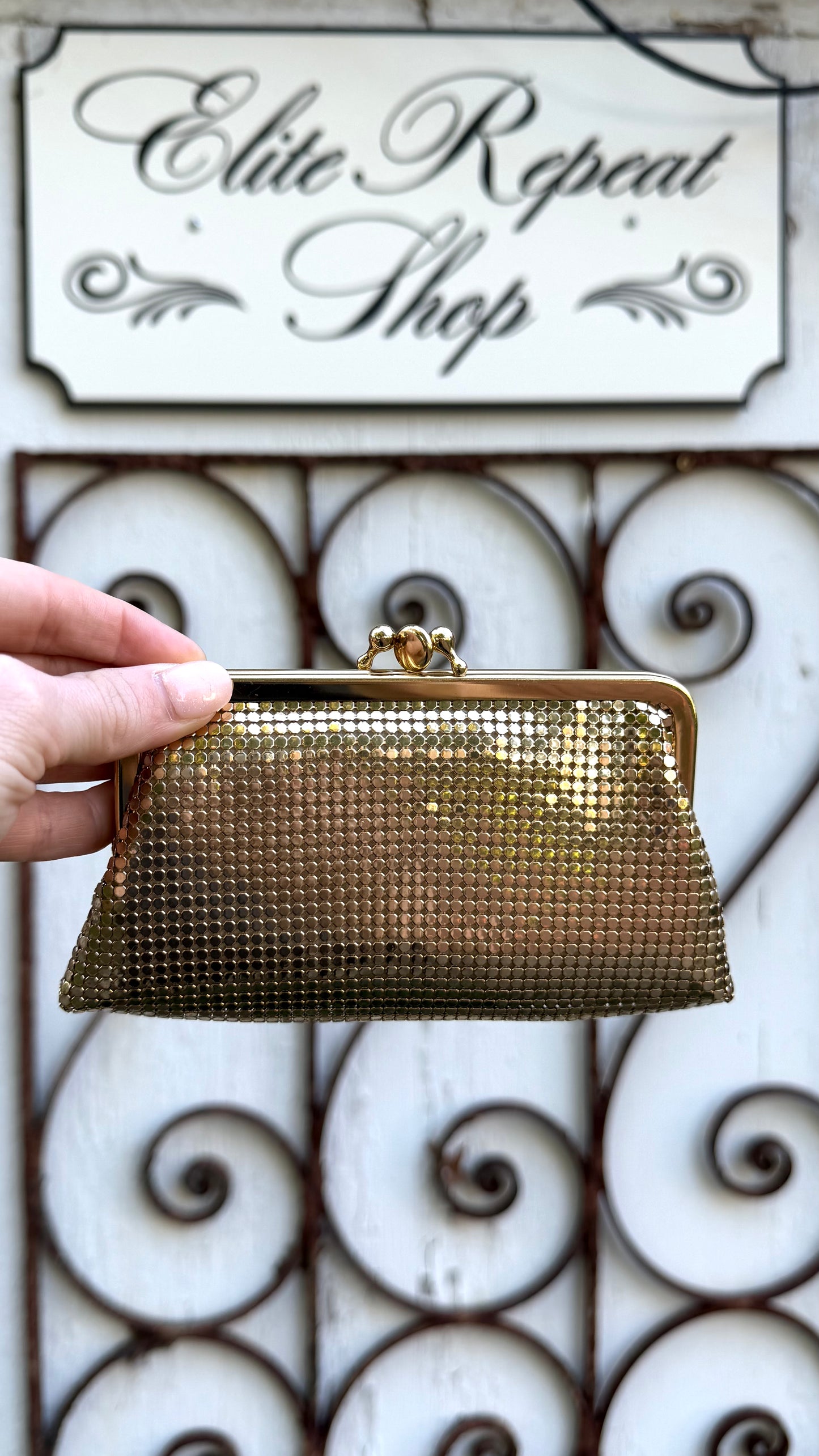 Vintage Whiting & Davis Gold Mesh Cosmetic Pouch Bag, 3 PC Vanity Set