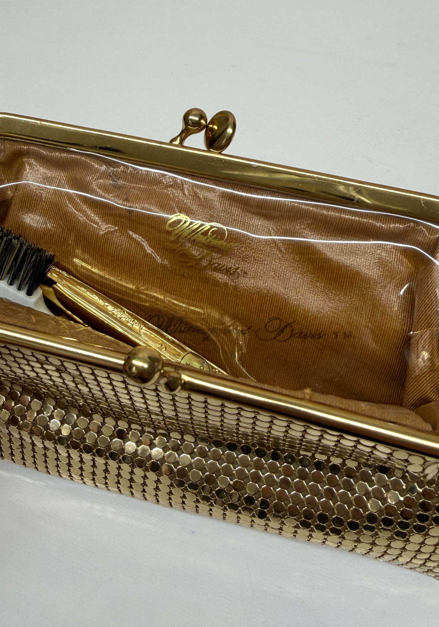 Vintage Whiting & Davis Gold Mesh Cosmetic Pouch Bag, 3 PC Vanity Set