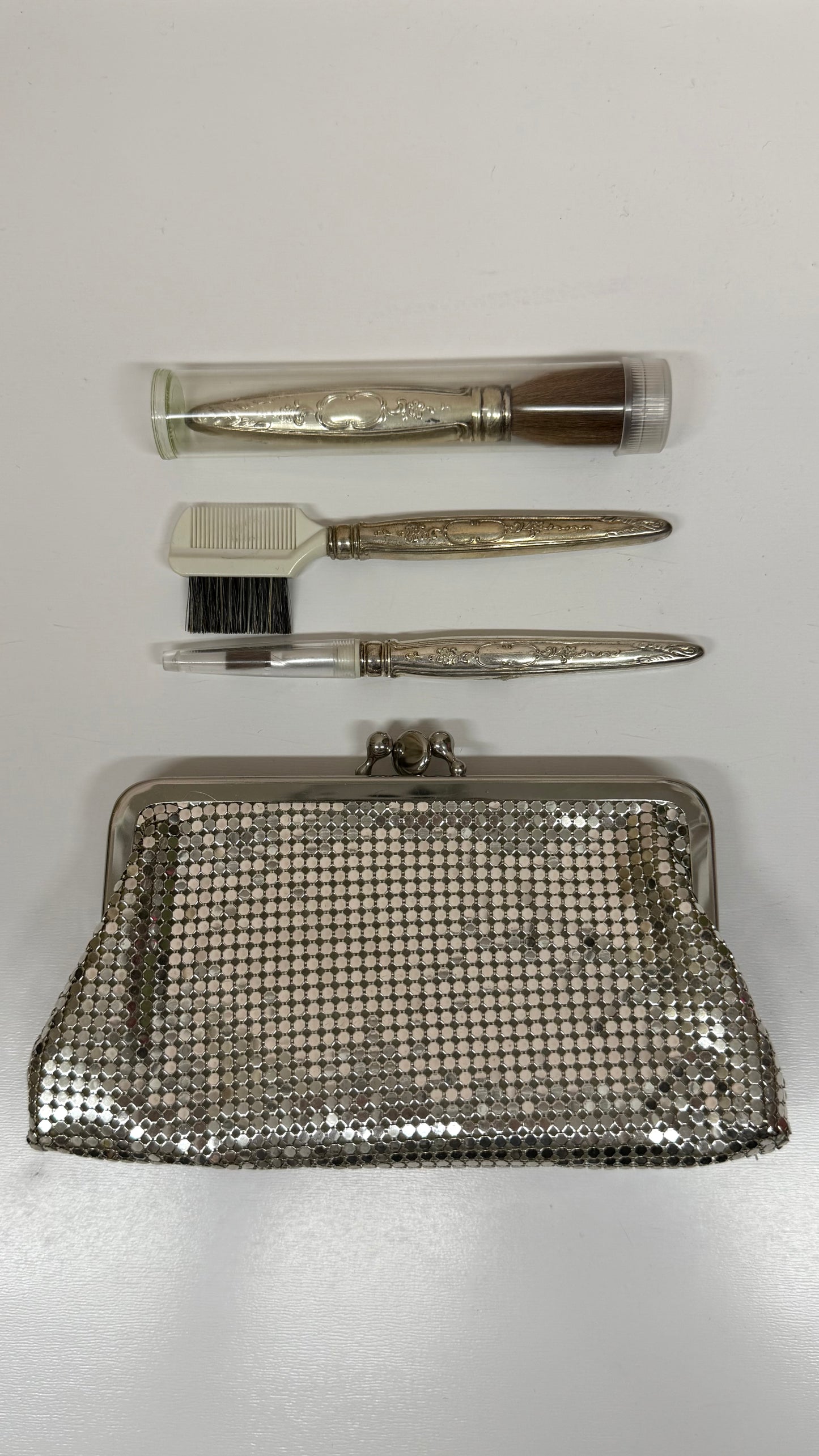 Vintage Whiting & Davis Silver Mesh Cosmetic Pouch Bag, 3 PC Vanity Set