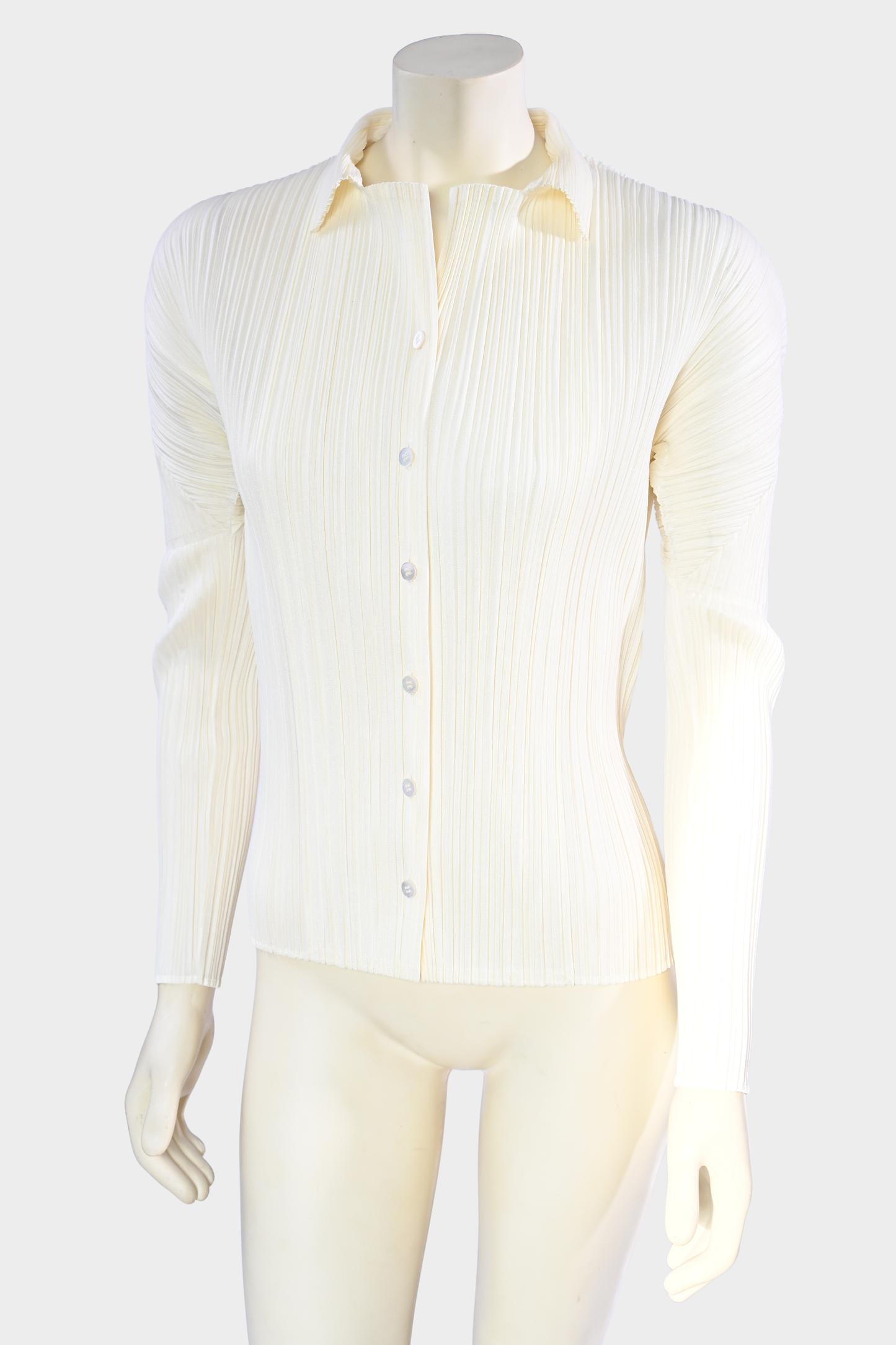 Pleats Please Issey Miyake Pale Yellow Pleated Long Sleeve Button Front Top