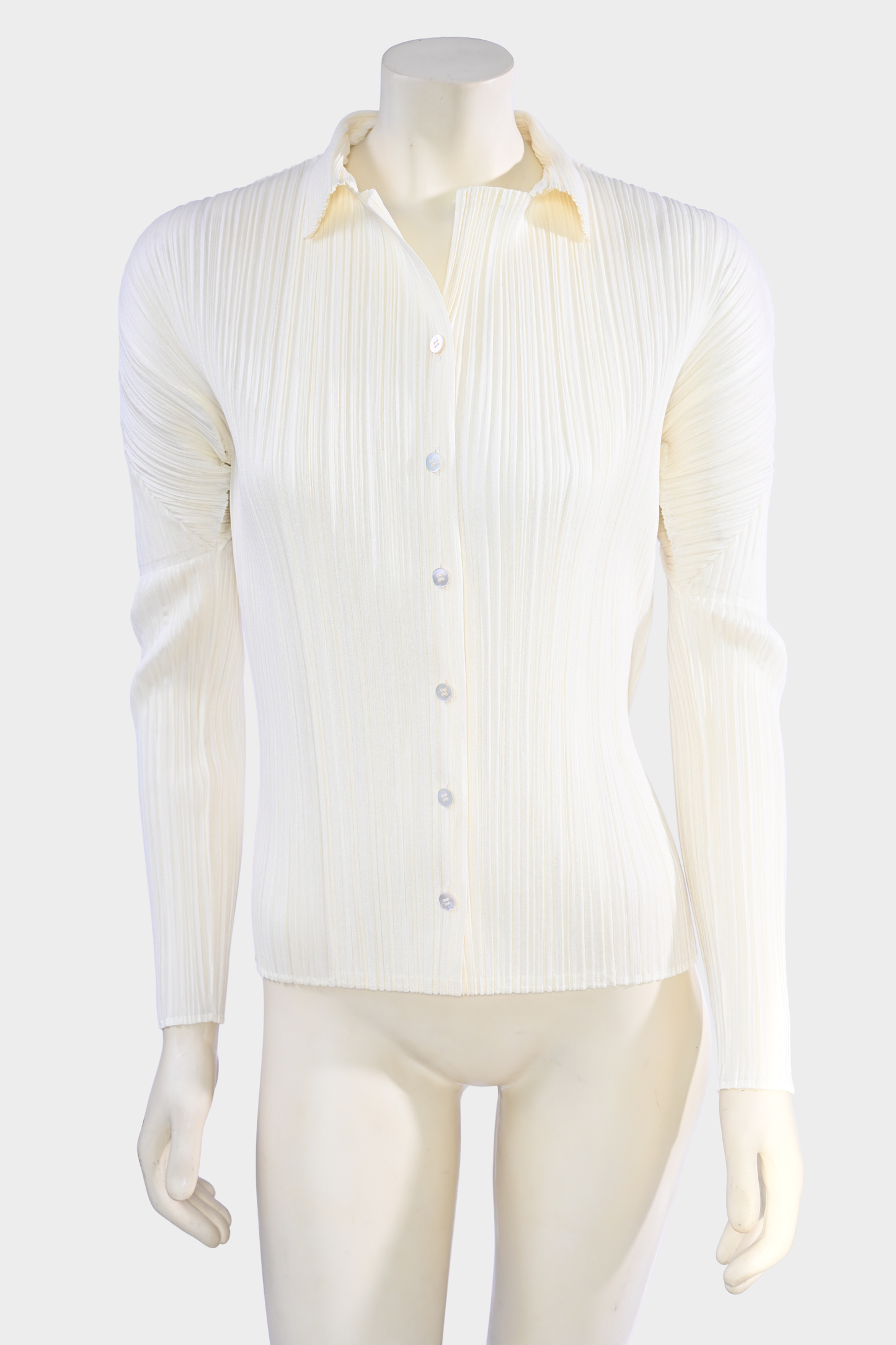 Pleats Please Issey Miyake Pale Yellow Pleated Long Sleeve Button Front Top