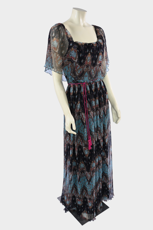 Vintage 1970s Marita by Anthony Muto Paisley Pleated Chiffon Maxi Dress