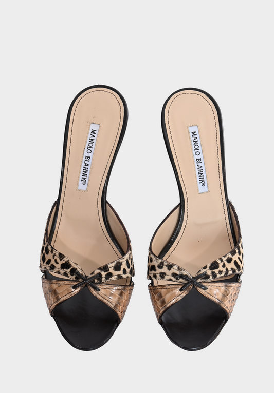 Manolo Blahnik Pony Hair & Snakeskin Kitten Heel Mules Size 39 New With Tags