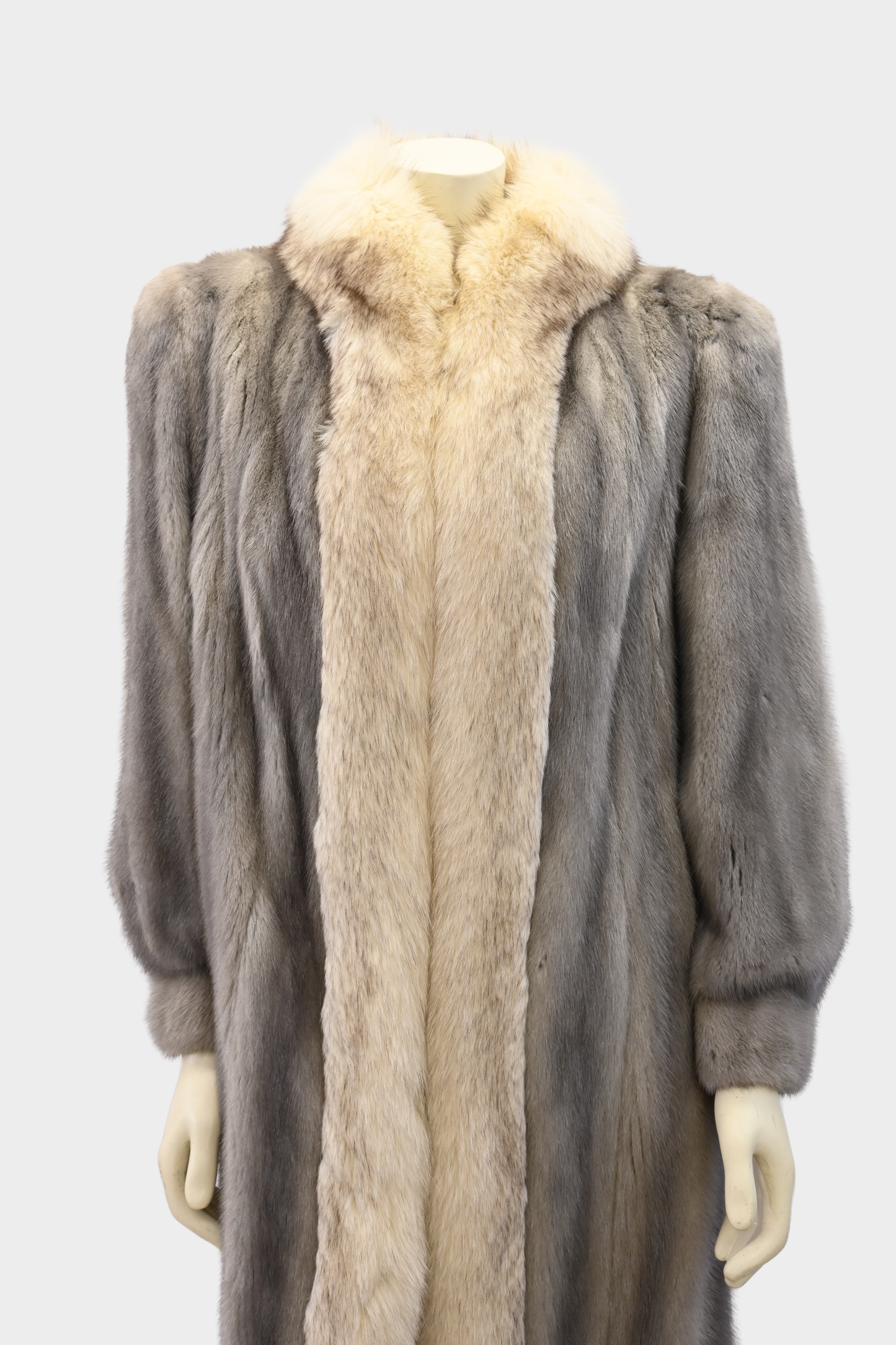 Sapphire Full Length Mink Coat with Fox Fur Tuxedo Trim