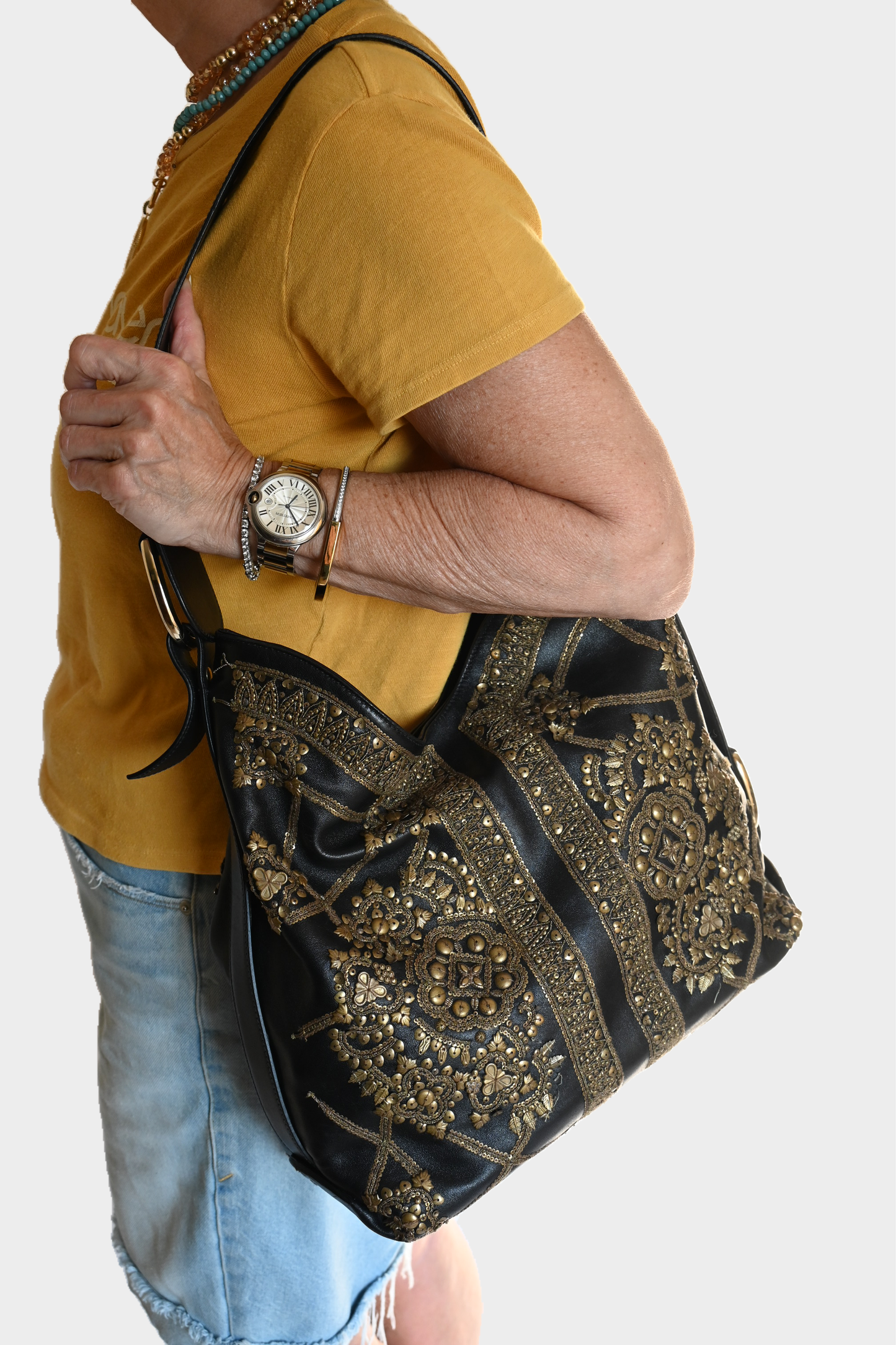 Oscar de la Renta Embellished Leather Shoulder Bag