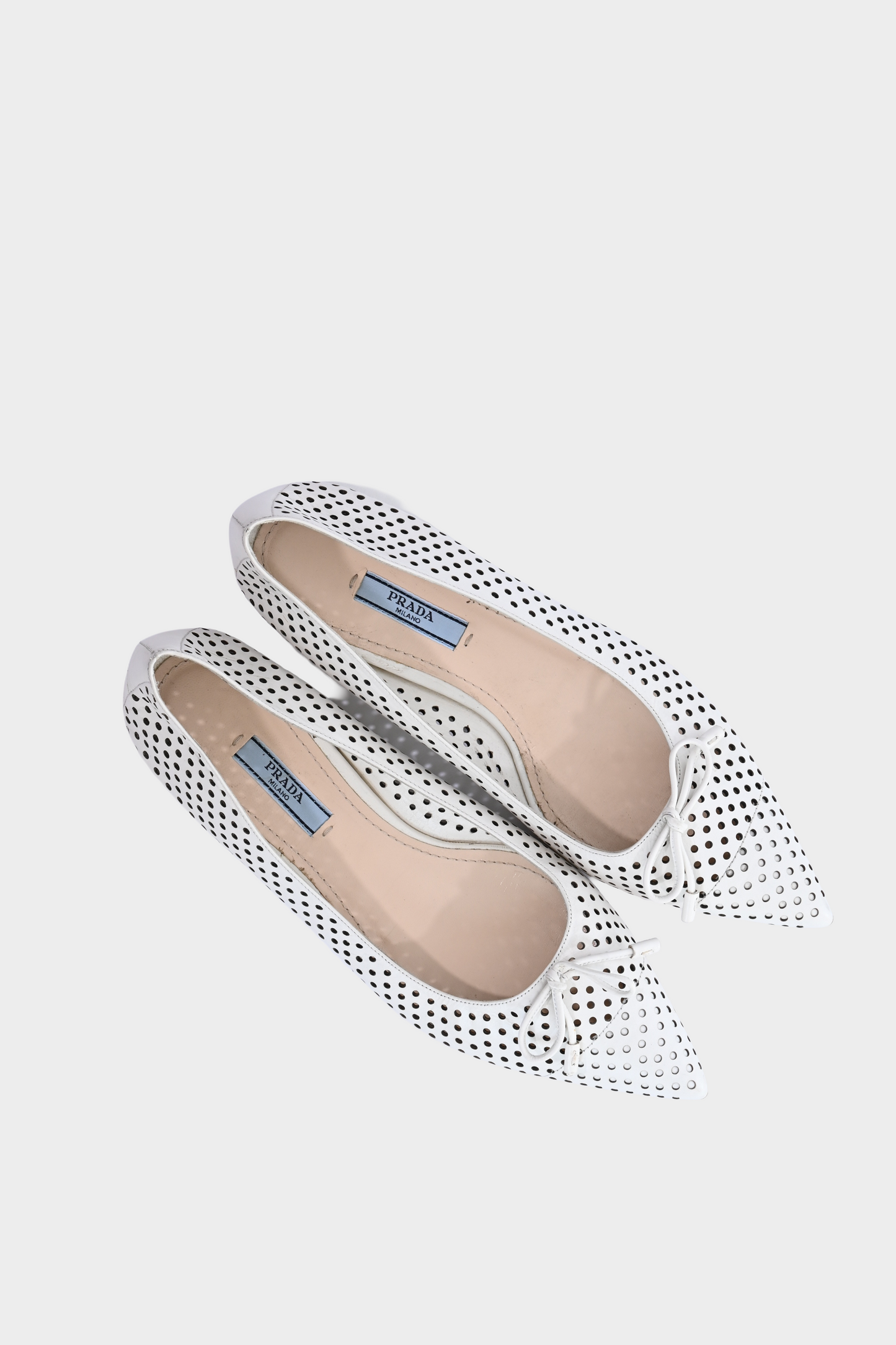 Prada White Perforated Leather Bow Pointed Toe Ballet Flats