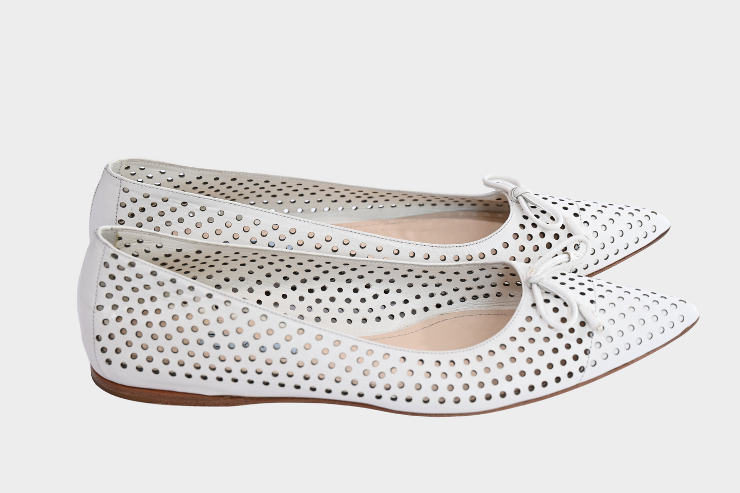 Prada White Perforated Leather Bow Pointed Toe Ballet Flats