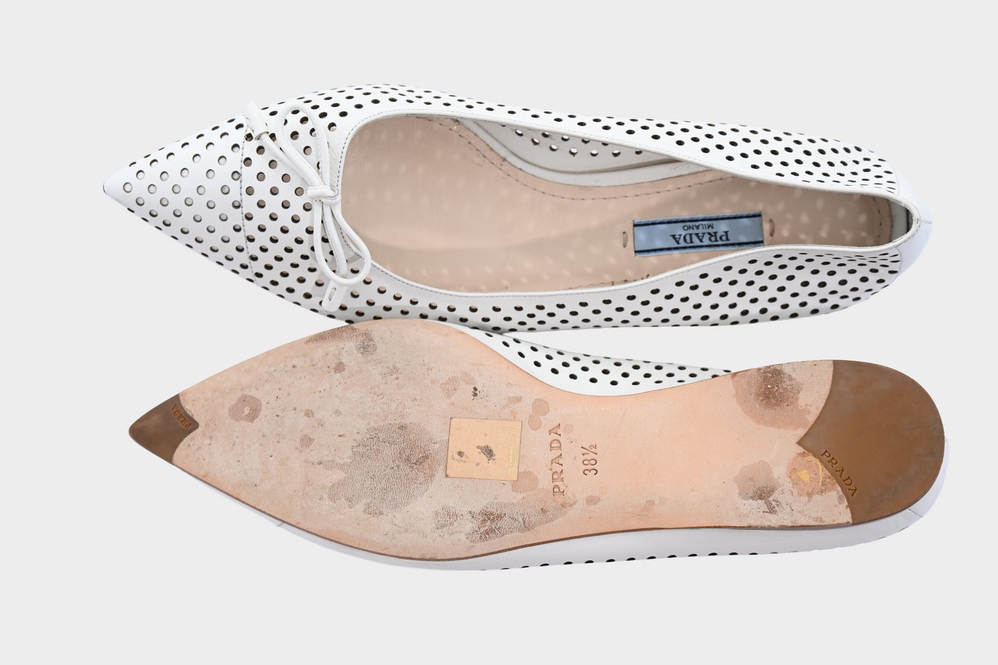Prada White Perforated Leather Bow Pointed Toe Ballet Flats