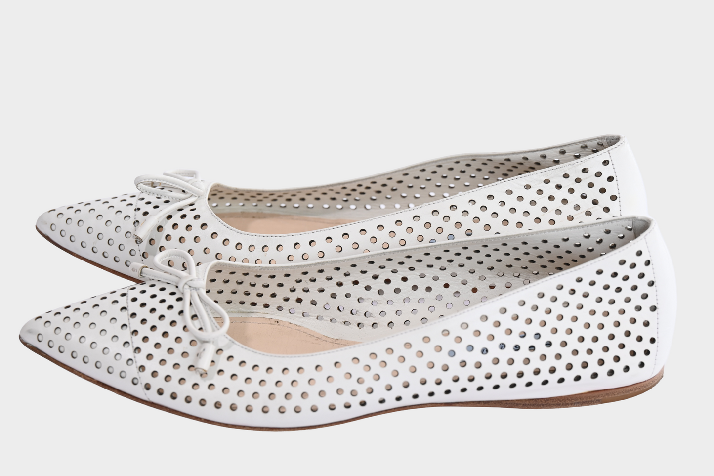 Prada White Perforated Leather Bow Pointed Toe Ballet Flats