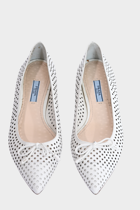 Prada White Perforated Leather Bow Pointed Toe Ballet Flats