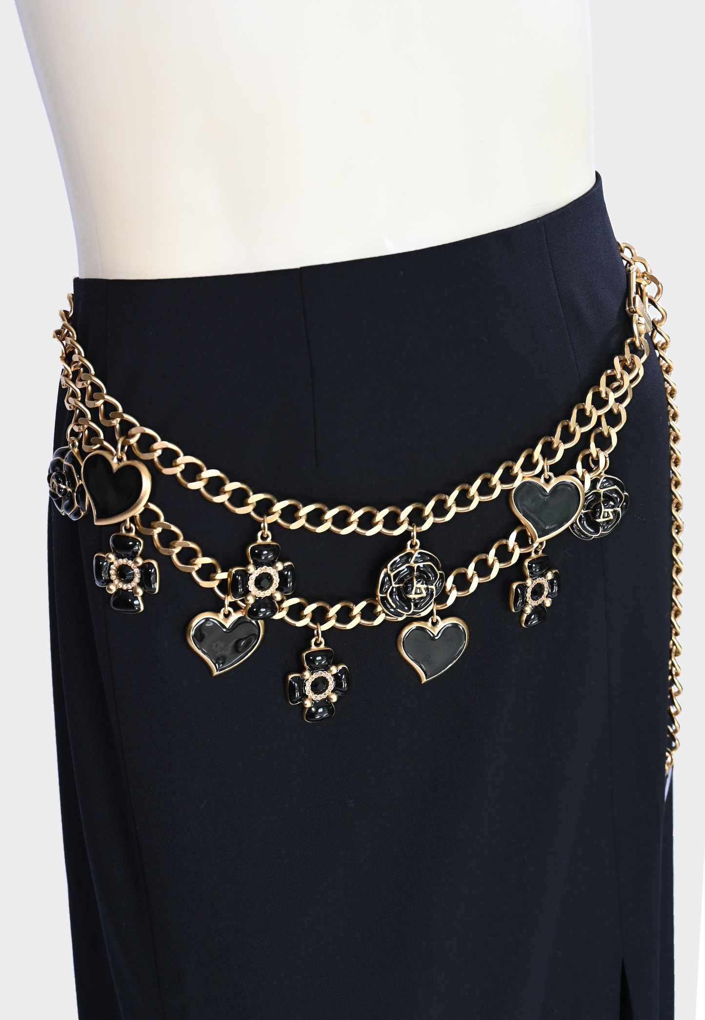 Vintage St. John Black Enamel Heart & Camellia Charm Double Chain Belt