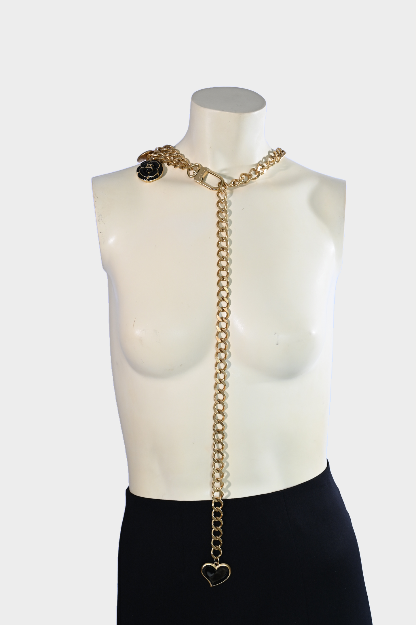 Vintage St. John Black Enamel Heart & Camellia Charm Double Chain Belt