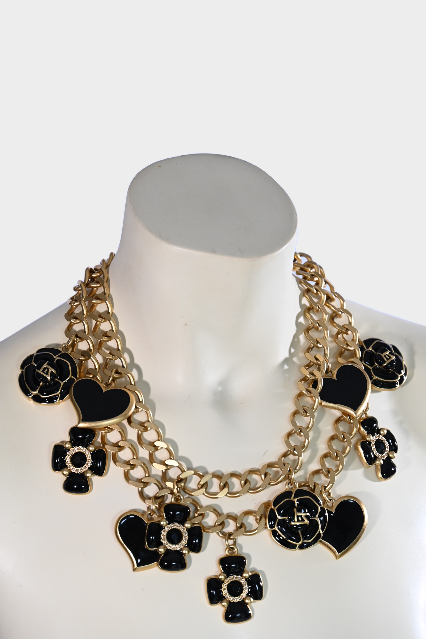 Vintage St. John Black Enamel Heart & Camellia Charm Double Chain Belt