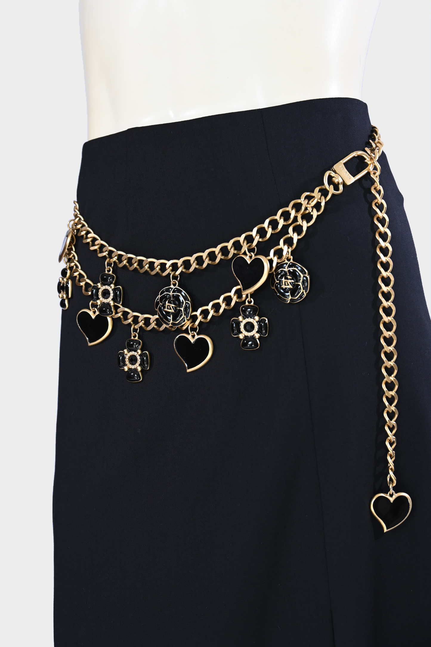 Vintage St. John Black Enamel Heart & Camellia Charm Double Chain Belt