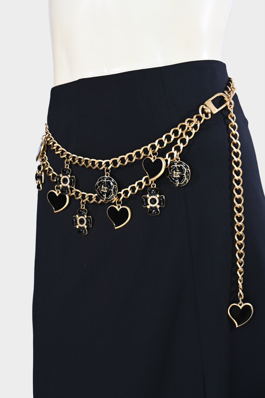 Vintage St. John Black Enamel Heart & Camellia Charm Double Chain Belt