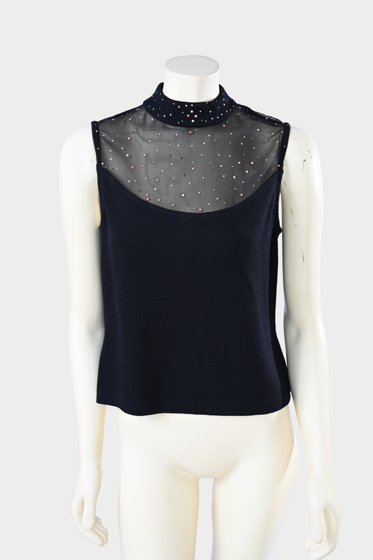 St. John Evening Knit Top with Crystal Mesh Mock Neck