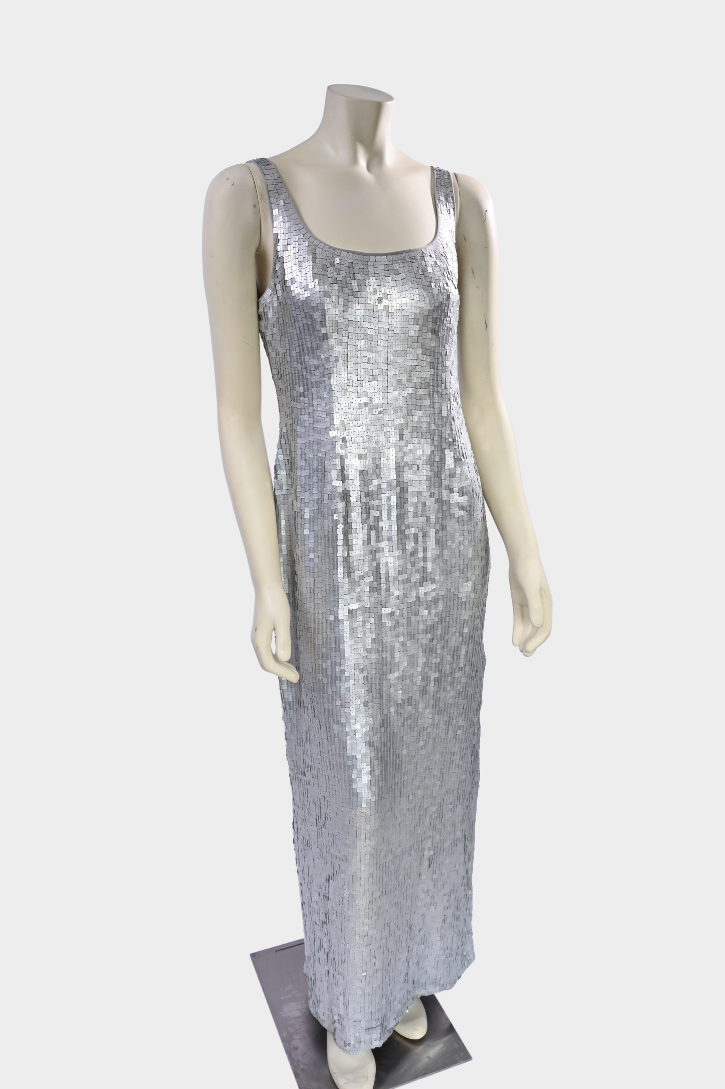 Vintage Saks Fifth Avenue Silver Hand-Beaded Silk Open-Back Evening Gown