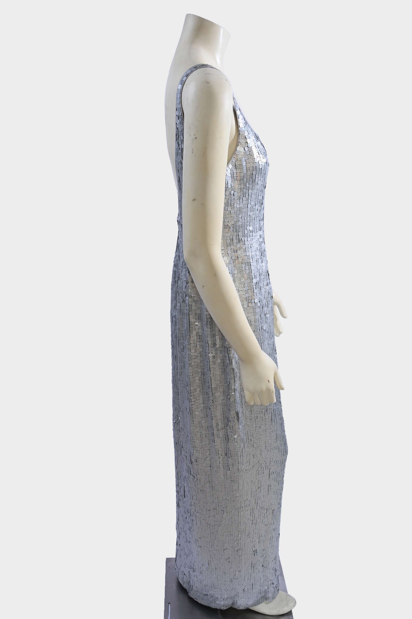Vintage Saks Fifth Avenue Silver Hand-Beaded Silk Open-Back Evening Gown
