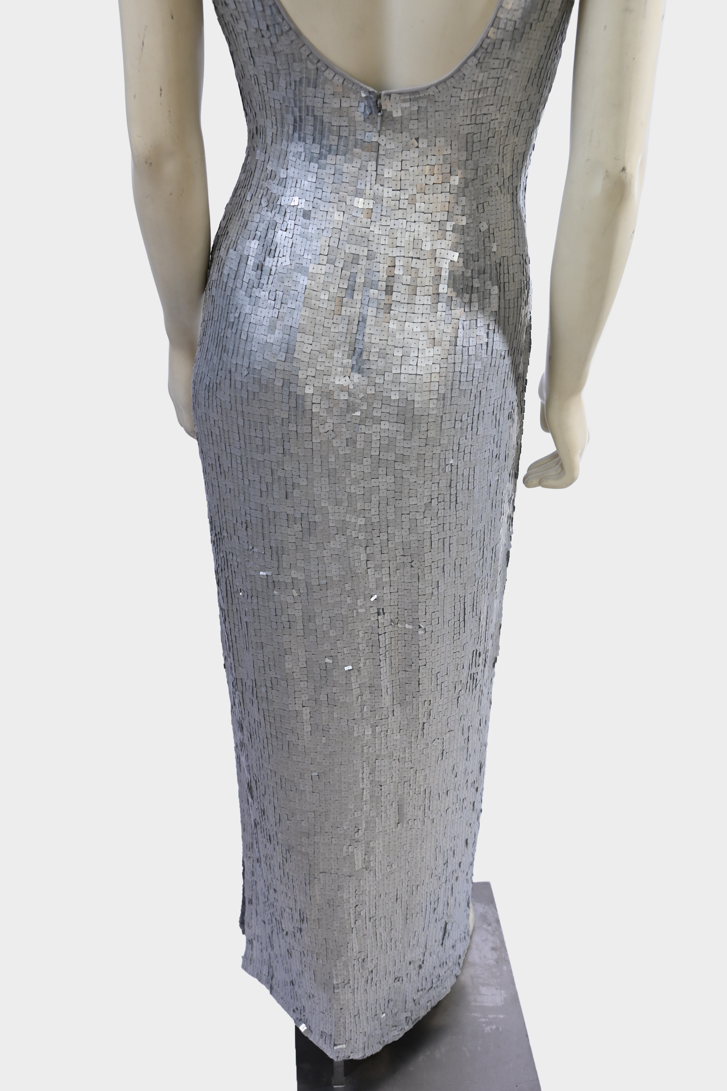 Vintage Saks Fifth Avenue Silver Hand-Beaded Silk Open-Back Evening Gown