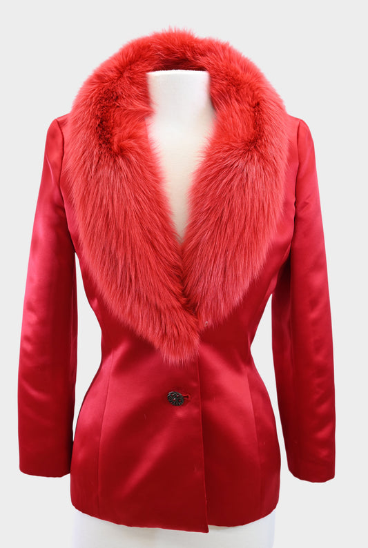 Satin Blazer with Fox Fur Trim