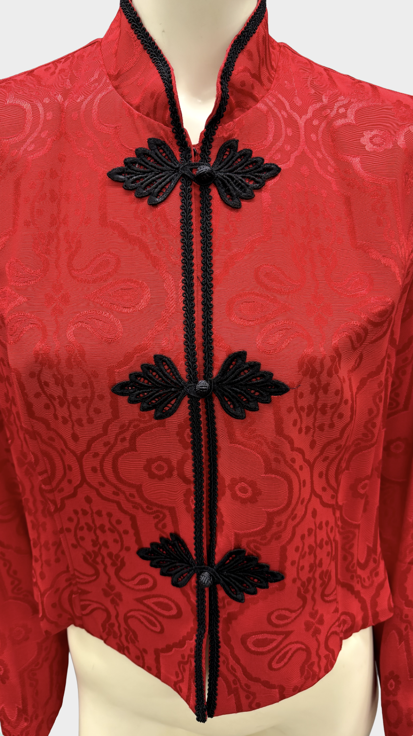 Jessica Howard Red Jacquard Mandarin Collar Jacket