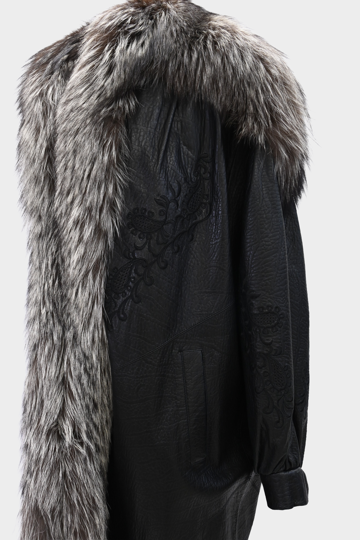SAGA FOX Silver Fox Royal Tuxedo Trim Embroidered Leather Coat
