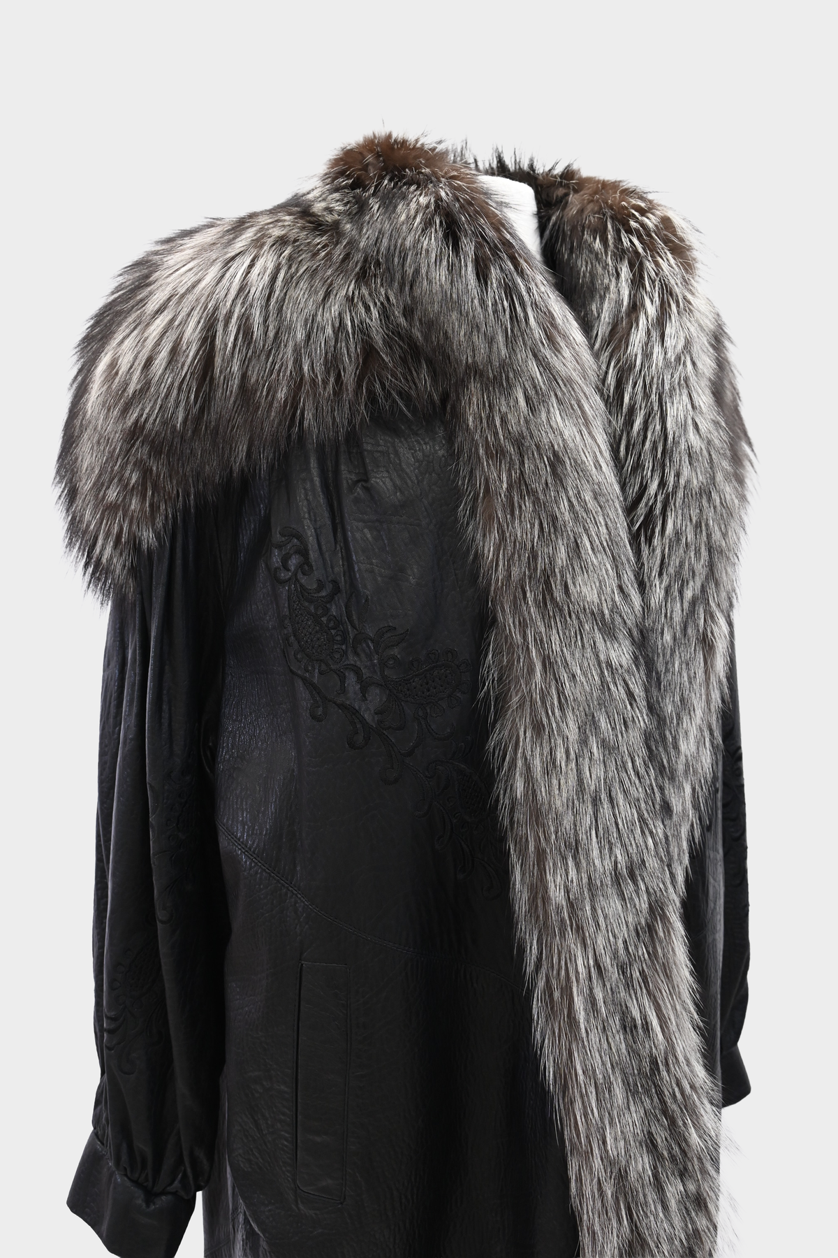 SAGA FOX Silver Fox Royal Tuxedo Trim Embroidered Leather Coat