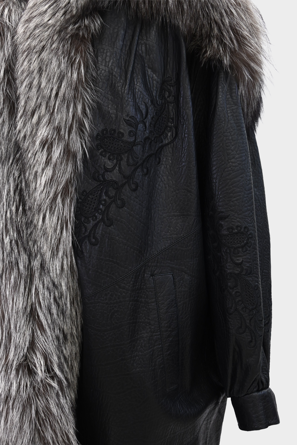 SAGA FOX Silver Fox Royal Tuxedo Trim Embroidered Leather Coat