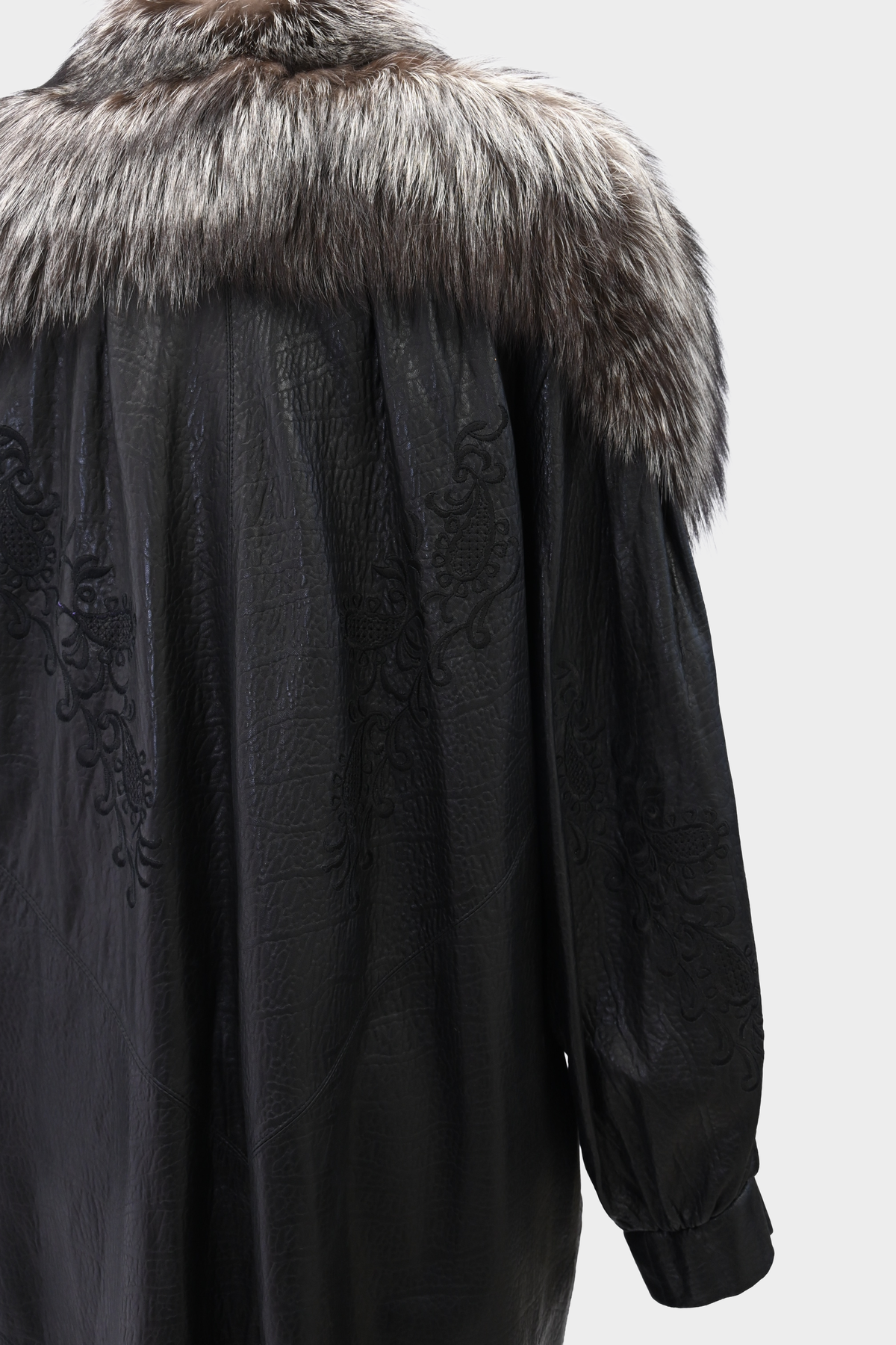 SAGA FOX Silver Fox Royal Tuxedo Trim Embroidered Leather Coat