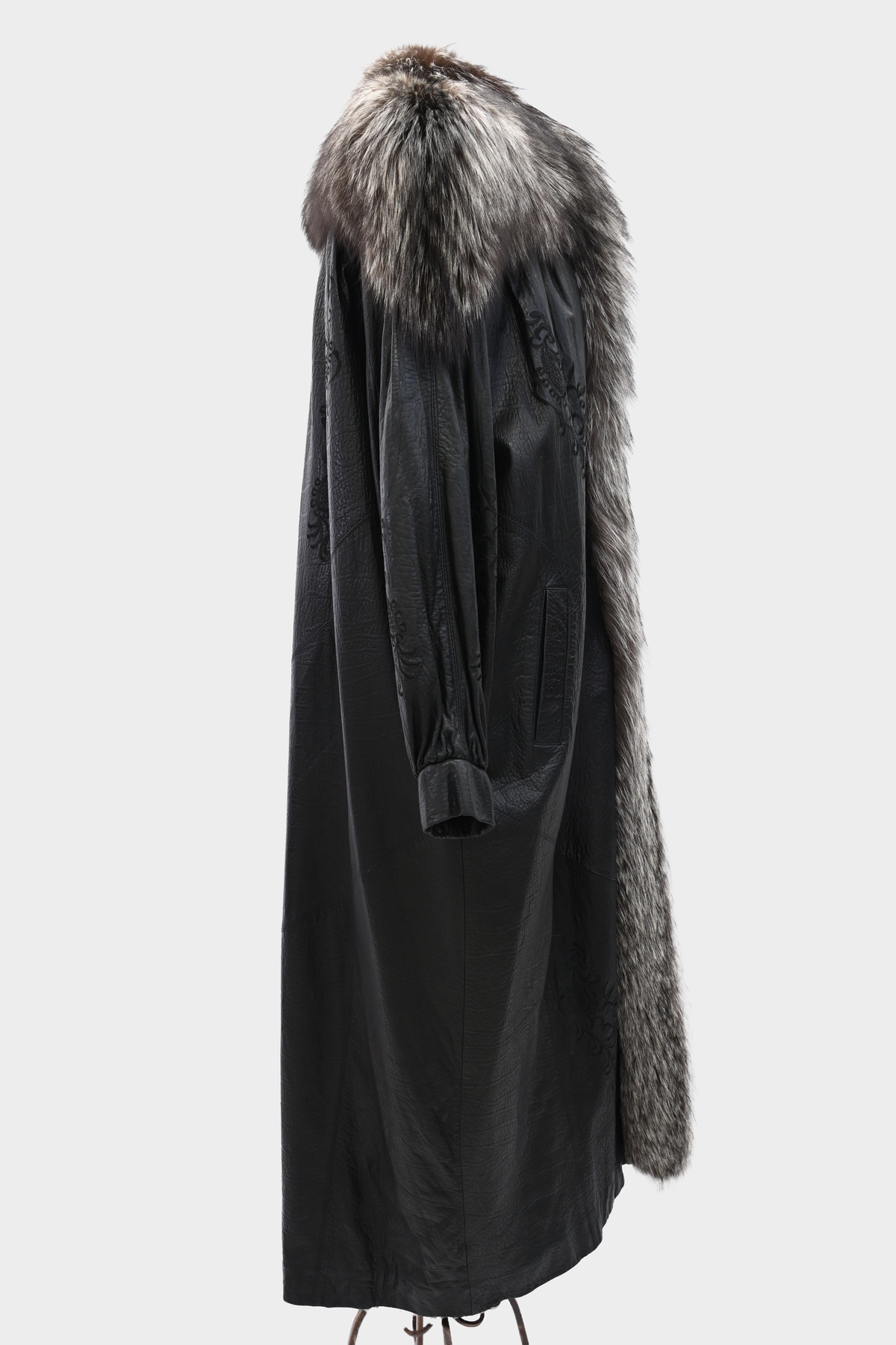 SAGA FOX Silver Fox Royal Tuxedo Trim Embroidered Leather Coat