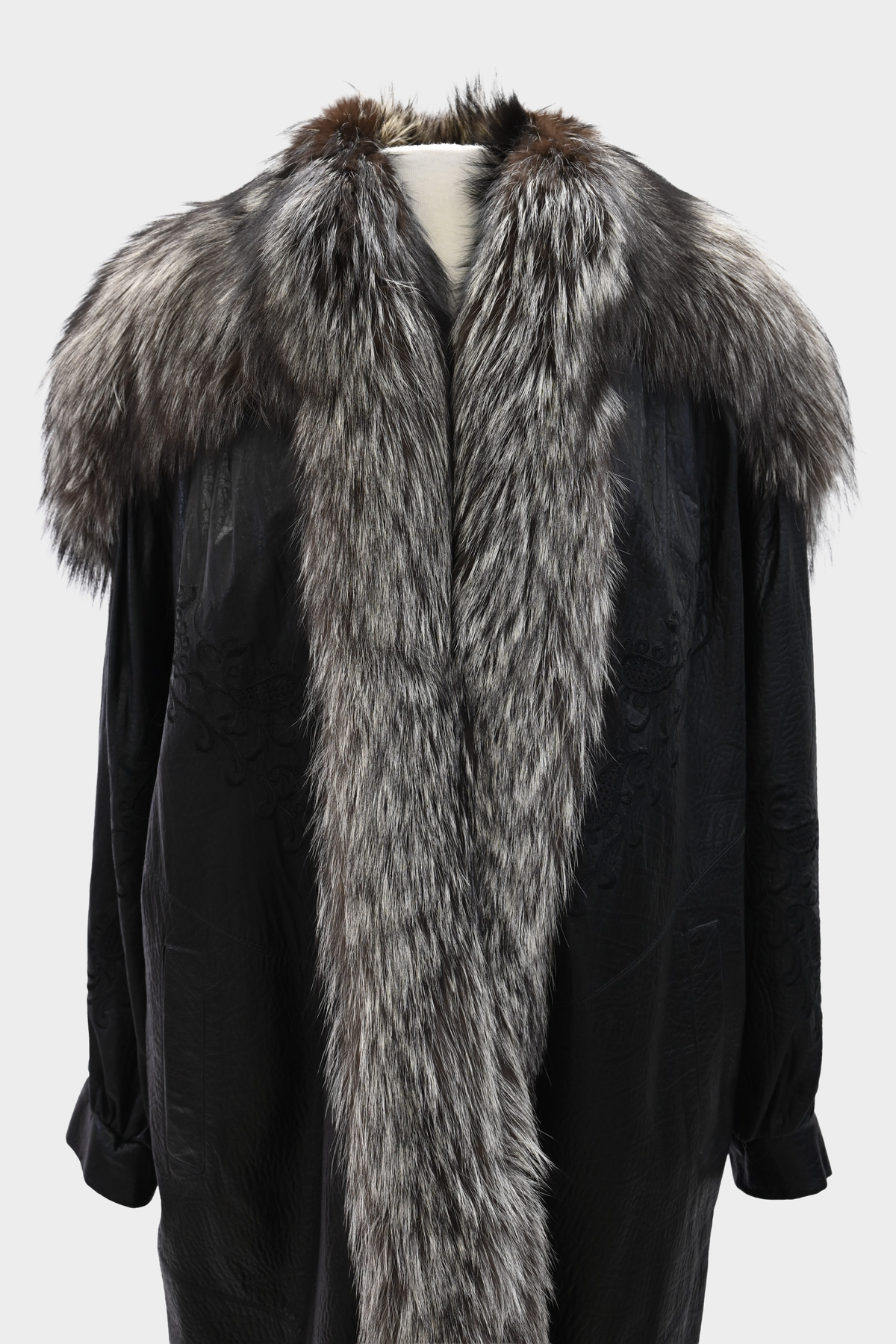 SAGA FOX Silver Fox Royal Tuxedo Trim Embroidered Leather Coat