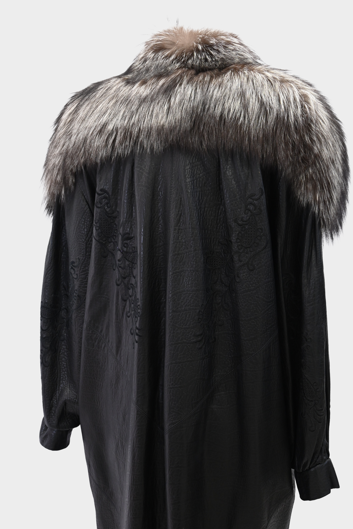 SAGA FOX Silver Fox Royal Tuxedo Trim Embroidered Leather Coat