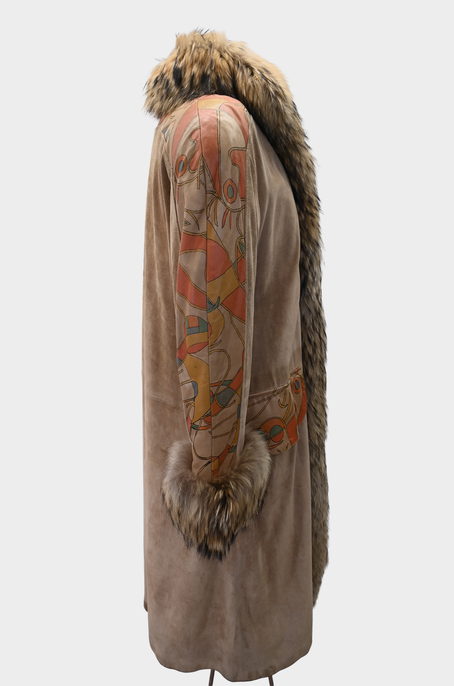 Suede Hand-Painted Coat with Fur Trim