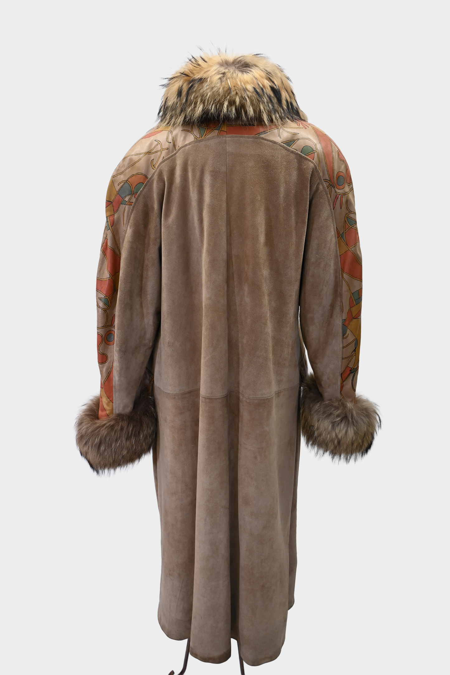 Suede Hand-Painted Coat with Fur Trim