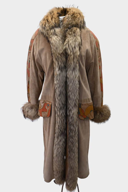 Suede Hand-Painted Coat with Fur Trim