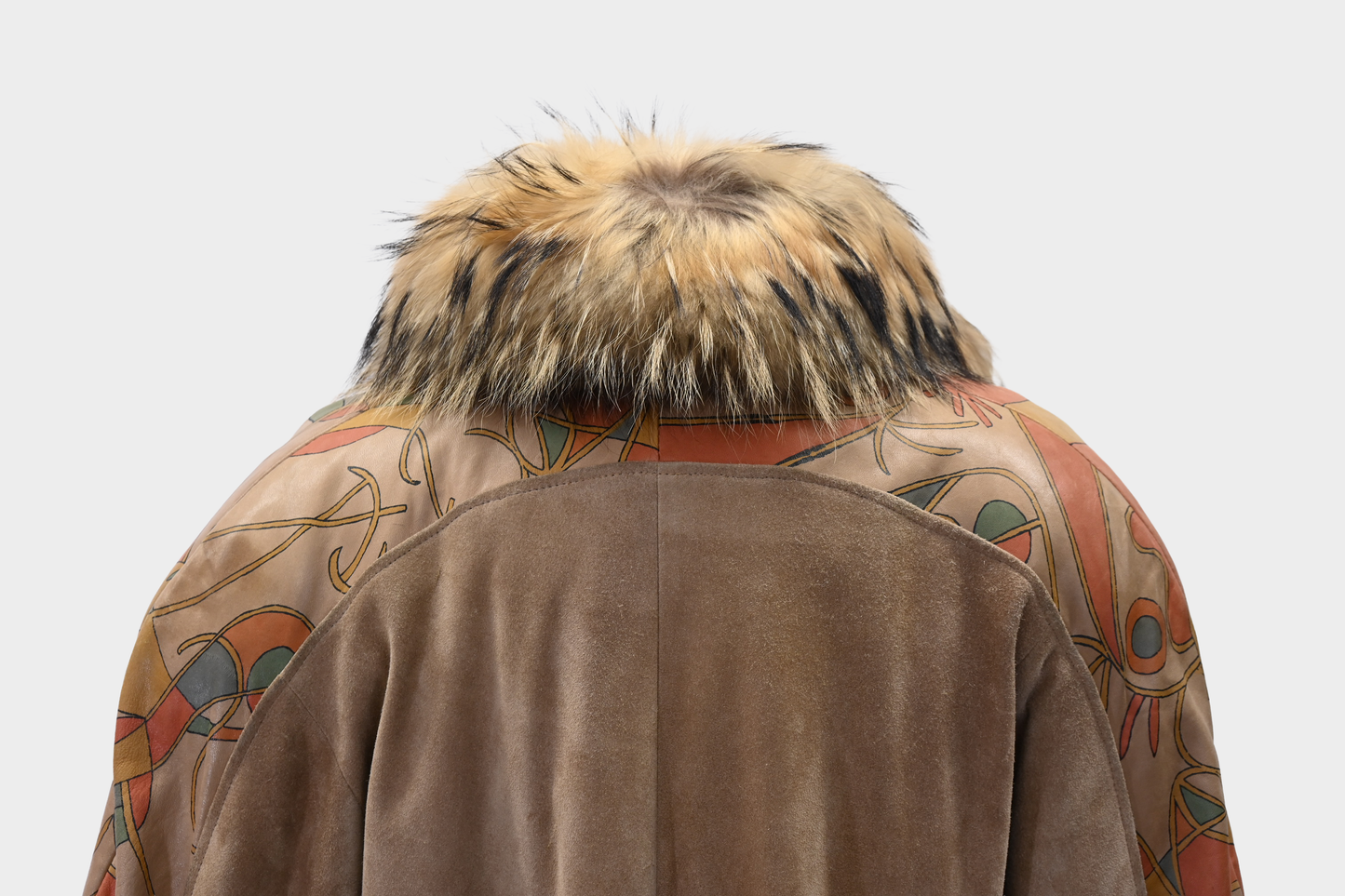 Suede Hand-Painted Coat with Fur Trim