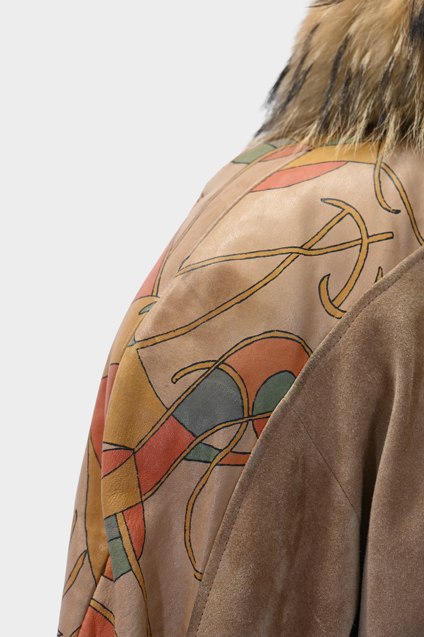 Suede Hand-Painted Coat with Fur Trim